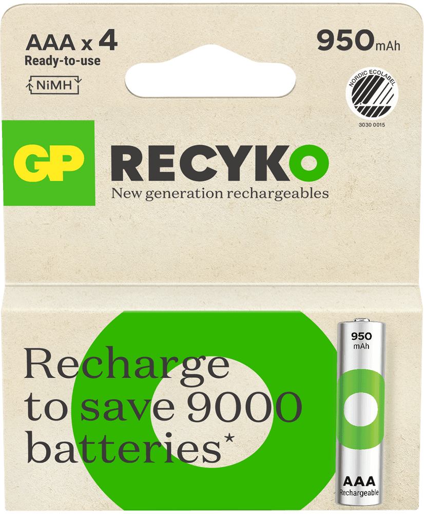 GP Recyko AAA-batteri 950mAh ladattava paristo, 4 kpl, view: 1