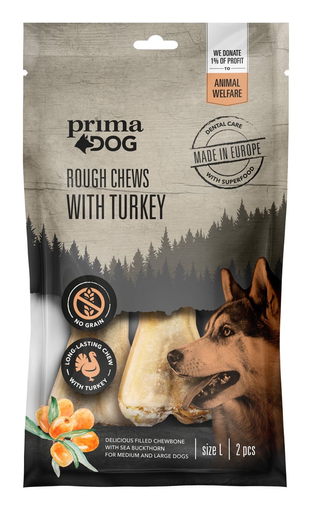 productImage: Prima Dog Rough Chews Turkey/Sea Buckthorn puruluu kalkkuna/tyrni, 13,5 cm, 2 kpl