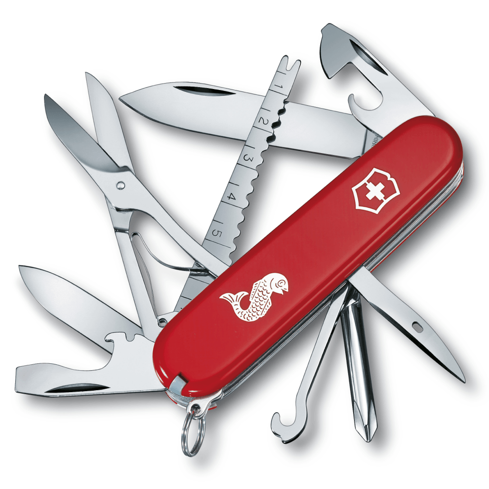 productImage: Taskuveitsi Fisherman-logo Original Swiss Army 91 mm punainen kalan upotuksella